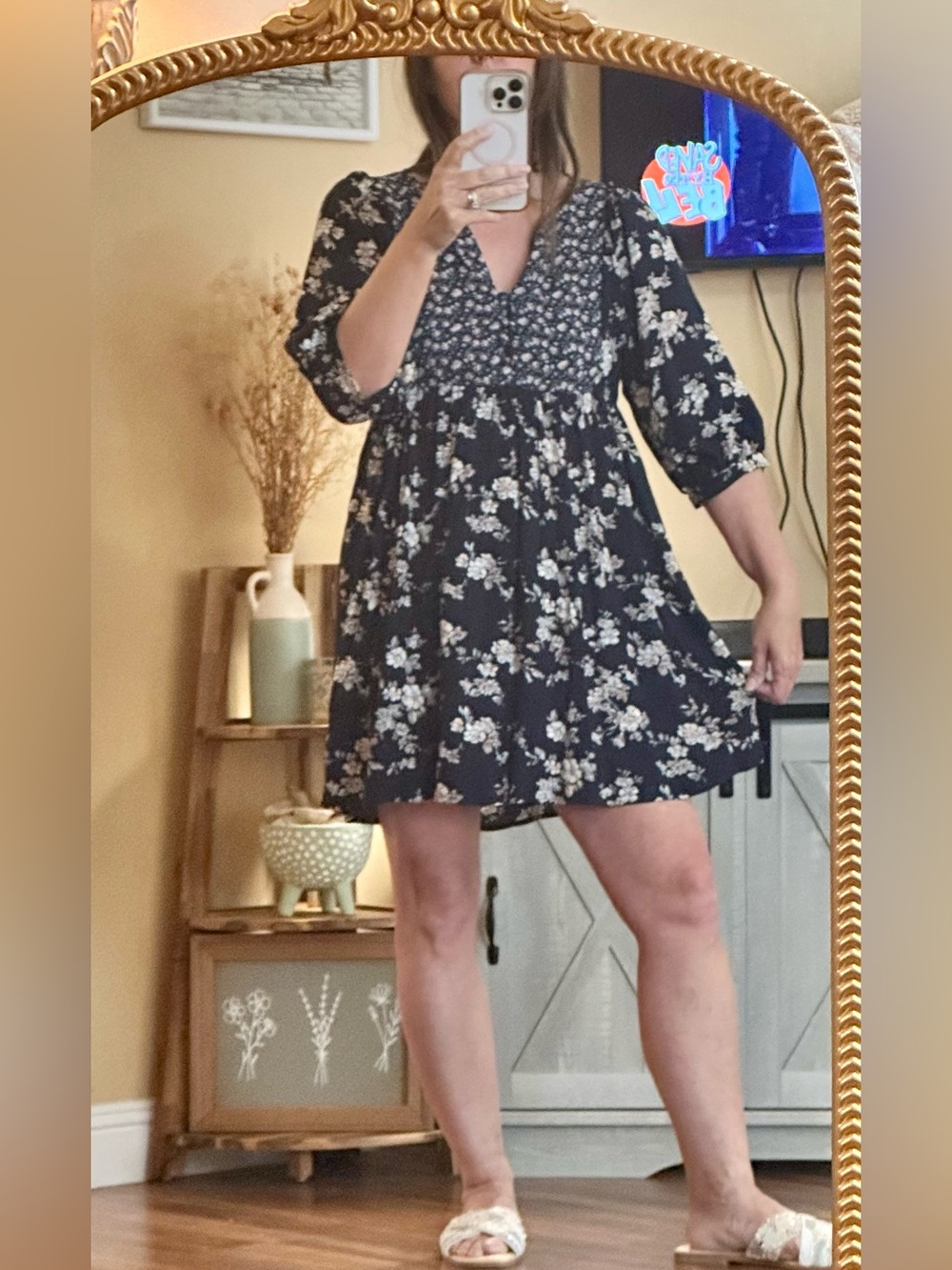 Umgee Navy Mixed Floral Boho Mini Tunic Cottagecore Prairie Dress